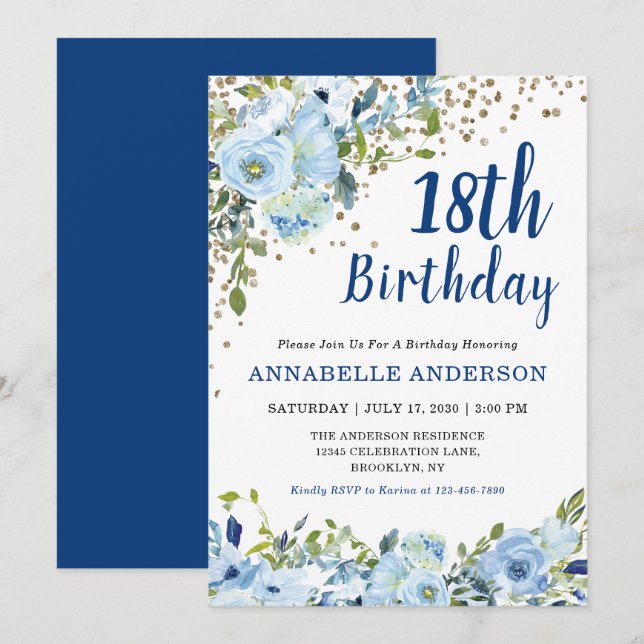 18th Birthday Floral Navy Blue Gold Glitter Dots Invitation (Front/Back)