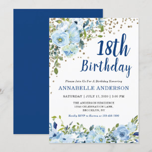 18th Birthday Floral Navy Blue Gold Glitter Dots Invitation