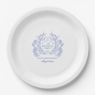 18th Birthday French Blue Floral Crest Custom Paper Plate