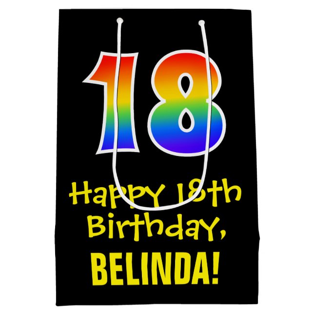 18th Birthday: Fun, Bold, Colourful, Rainbow "18" Medium Gift Bag (Back)