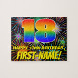 18th Birthday: Fun, Colourful Celebratory Firework Jigsaw Puzzle<br><div class="desc">This eye-catching and bold birthday themed jigsaw puzzle design features a large number “18” with a multicolored rainbow spectrum inspired gradient pattern, along with the message “HAPPY 18th BIRTHDAY, ”, and an editable recipient name. The background features a colourful, multicolored, bursting celebratory fireworks-inspired pattern. A fun, personalised birthday puzzle like...</div>