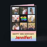 18th Birthday: Fun Rainbow #, Custom Photos   Name Card<br><div class="desc">The front of this cheerful and fun birthday-themed greeting card design features the number “18“ having a vibrant rainbow spectrum inspired gradient pattern, along with the message “HAPPY 18th BIRTHDAY, ” and a custom recipient name. The photos surrounding the rainbow-patterned number on the front can be personalised, perhaps with photos...</div>