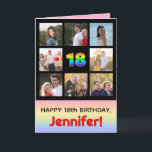 18th Birthday: Fun Rainbow #, Custom Photos   Name Card<br><div class="desc">The front of this cheerful and fun birthday-themed greeting card design features the number “18“ having a vibrant rainbow spectrum inspired gradient pattern, along with the message “HAPPY 18th BIRTHDAY, ” and a custom recipient name. The photos surrounding the rainbow-patterned number on the front can be personalised, perhaps with photos...</div>