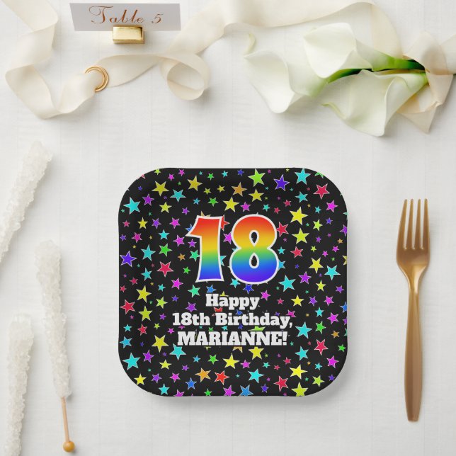 18th Birthday: Fun Stars Pattern and Rainbow “18” Paper Plate (Wedding)