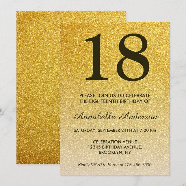 18th Birthday Glam Black Gold Glitter Ombre Invitation (Front/Back)