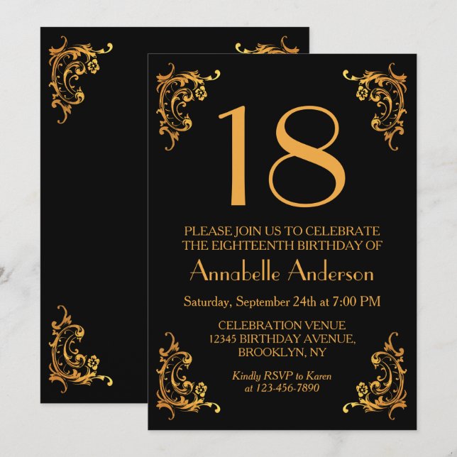 18th Birthday Glam Modern Gold Black Vintage Retro Invitation (Front/Back)