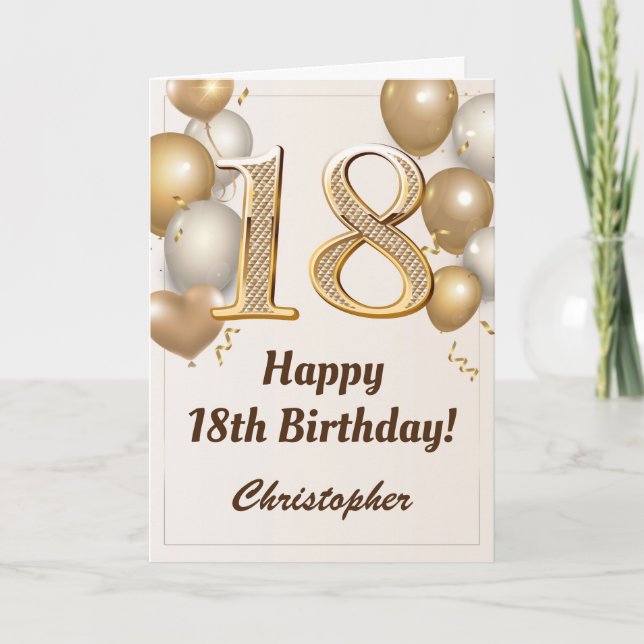 18th Birthday Gold Balloons and Confetti Birthday Card (Front)