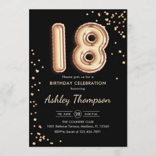 18th Birthday - Gold Balloons Black Invitation