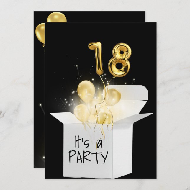 18th Birthday Gold Balloons In White Box    Invitation (Front/Back)