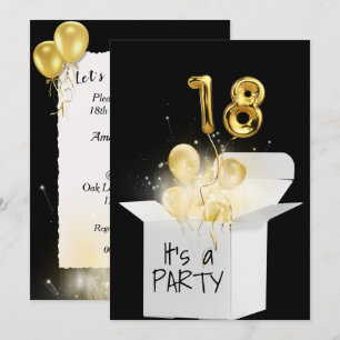 18th Birthday Gold Balloons In White Box    Invitation