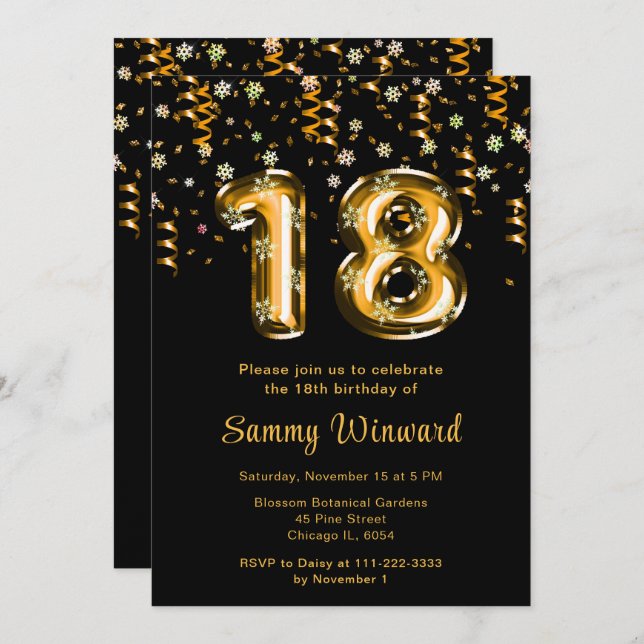 18th Birthday Gold Balloons Snowflake Confetti Invitation (Front/Back)