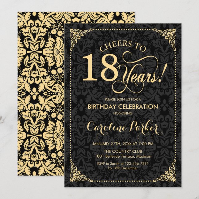 18th Birthday - Gold Black Damask Invitation (Front/Back)