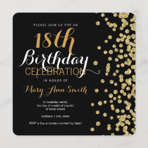 18th Birthday Gold Faux Glitter Confetti Black Invitation