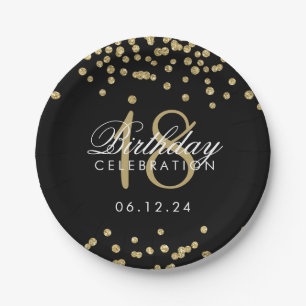 18th Birthday Gold Faux Glitter Confetti Black Paper Plate