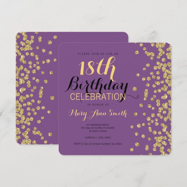 18th Birthday Gold Faux Glitter Confetti Purple Invitation (Front/Back)