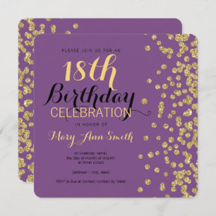 18th Birthday Gold Faux Glitter Confetti Purple Invitation