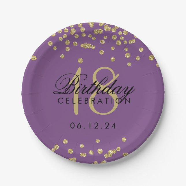 18th Birthday Gold Faux Glitter Confetti Purple Paper Plate (Front)