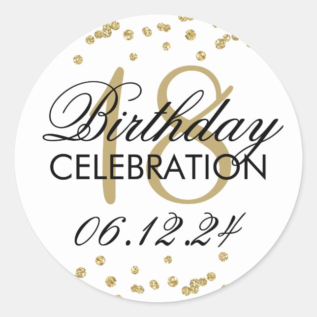 18th Birthday Gold Faux Glitter Confetti White Classic Round Sticker (Front)