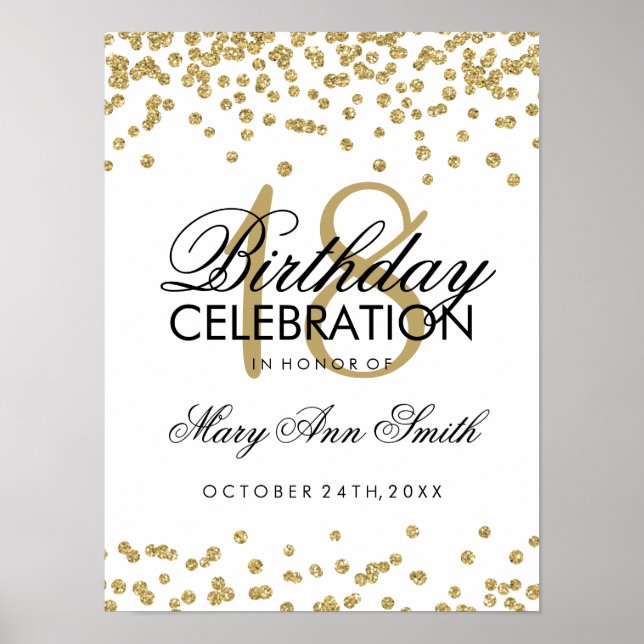 18th Birthday Gold Faux Glitter Confetti White Poster (Front)