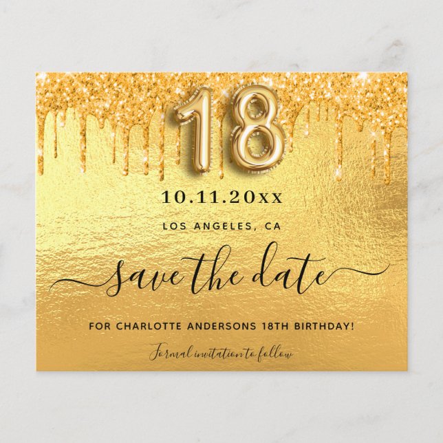 18th birthday gold glitter budget save the date flyer (Front)