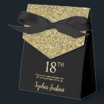 18th Birthday Gold Glitter Thank You Favour Box<br><div class="desc">This fabulous modern 18th Birthday Gold Glitter Thank You favor box with sparkling gold glitter, the birthday girl's name in a trendy script font, and tied with an elegant black bow would be perfect for your event. It would be great for a candy station, on a thank you gift table,...</div>