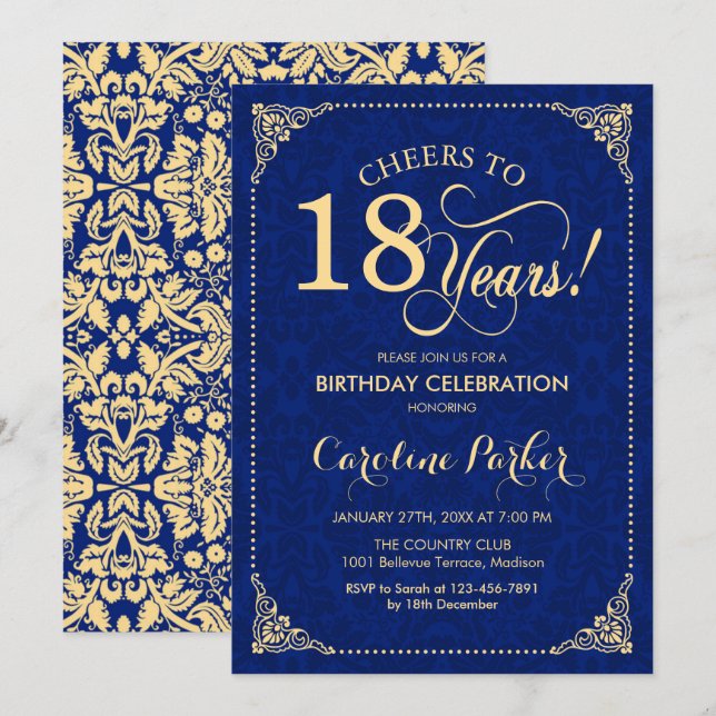 18th Birthday - Gold Navy Blue Damask Invitation (Front/Back)