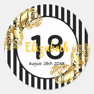 18th birthday gold roses on black white stripes classic round sticker