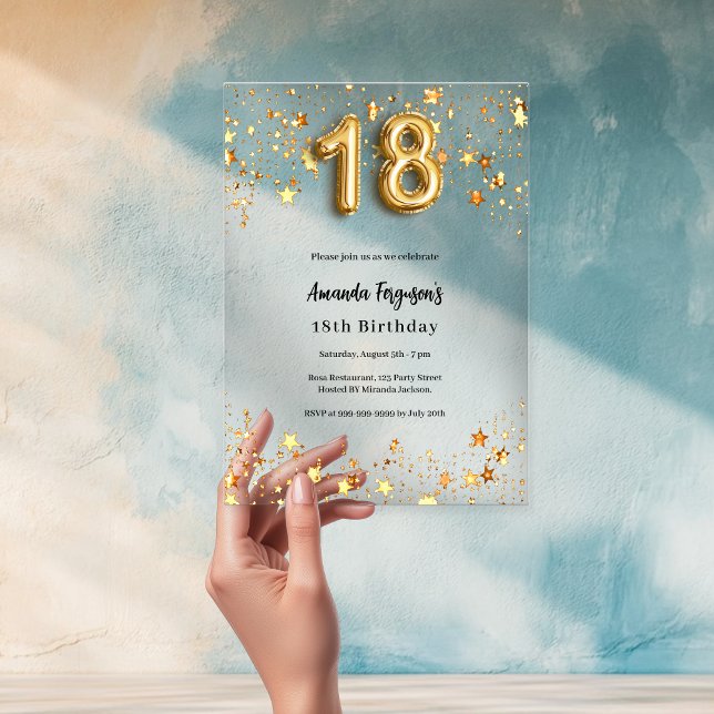 18th birthday gold stars clear acrylic invitations (Creator Uploaded)