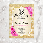 18th Birthday - Gold Stripes Pink Roses Invitation<br><div class="desc">18th Birthday Invitation. Elegant design in gold and pink. Features faux glitter gold stripes,  pink roses stylish script font and confetti. Perfect for a glam birthday party.</div>