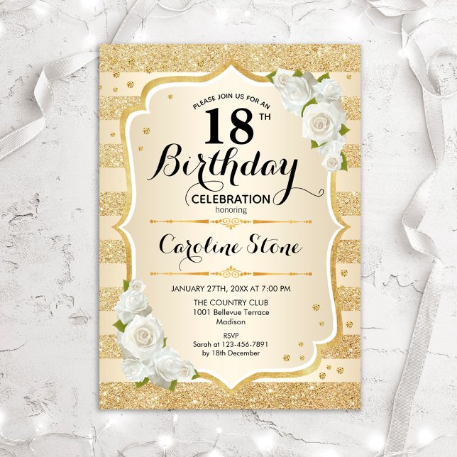 18th Birthday - Gold Stripes White Roses Invitation (Creator Uploaded)