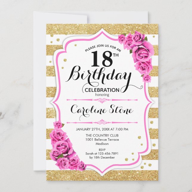 18th Birthday - Gold White Stripes Pink Roses Invitation (Front)