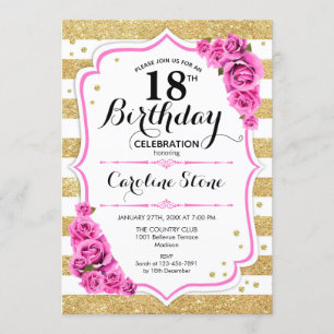 18th Birthday - Gold White Stripes Pink Roses Invitation