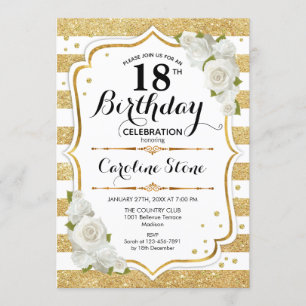 18th Birthday - Gold White Stripes Roses Invitation