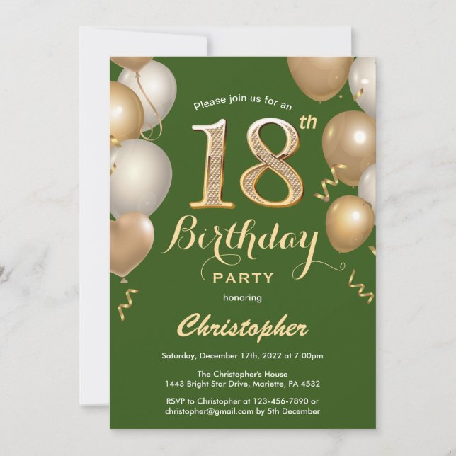 18th Birthday Green and Gold Balloons Confetti Invitation (Front)
