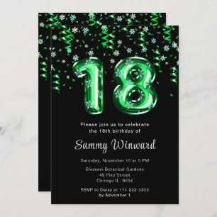 18th Birthday Green Balloons Snowflake Confetti Invitation