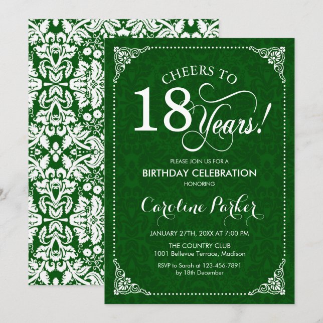 18th Birthday - Green Damask Invitation (Front/Back)