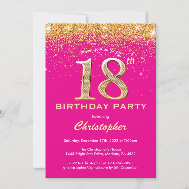 18th Birthday Hot Pink and Gold Glitter Confetti Invitation (Front)