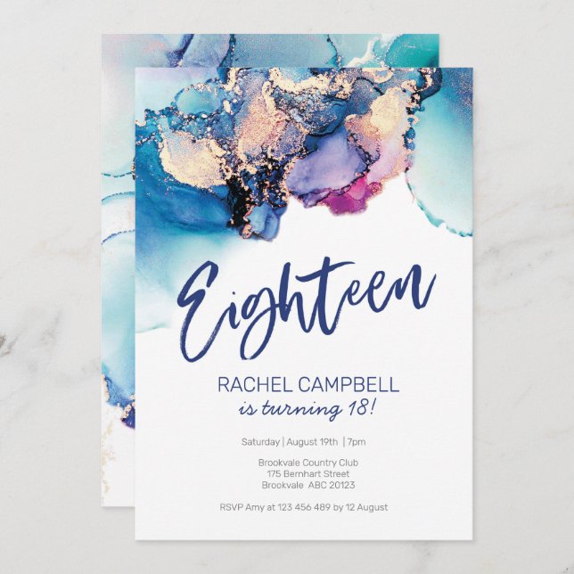 18th Birthday Invitation Abstract Watercolor (Front/Back)