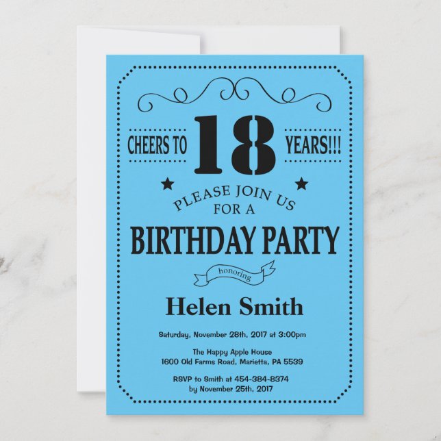18th Birthday Invitation Black and Blue (Front)