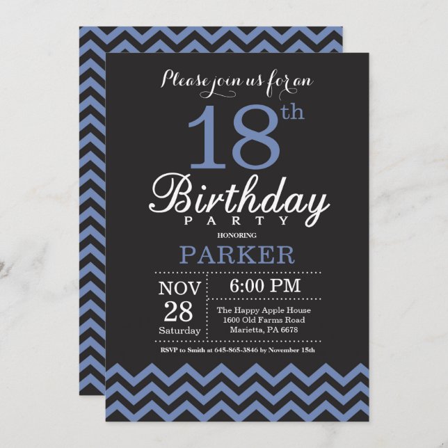 18th Birthday Invitation Black and Blue (Front/Back)