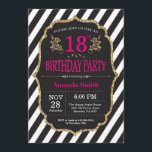 18th Birthday Invitation. Black and Gold Glitter Invitation<br><div class="desc">18th Birthday Invitation for women. Pink Black and Gold Birthday Party Invite. Gold Glitter. Pink Floral Flower. Black and White Stripes. Printable Digital. For further customisation,  please click the "Customise it" button and use our design tool to modify this template.</div>