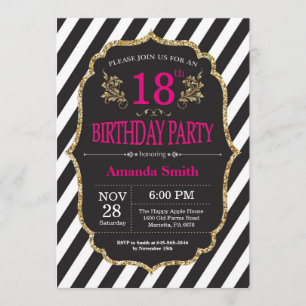 18th Birthday Invitation. Black and Gold Glitter Invitation