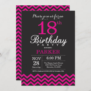 18th Birthday Invitation Black and Hot Pink