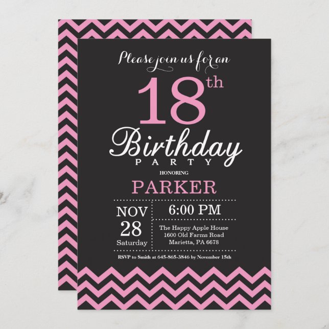 18th Birthday Invitation Black and Pink Chevron (Front/Back)