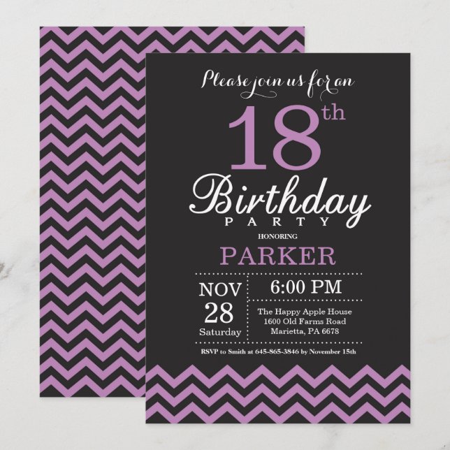 18th Birthday Invitation Black and Purple (Front/Back)