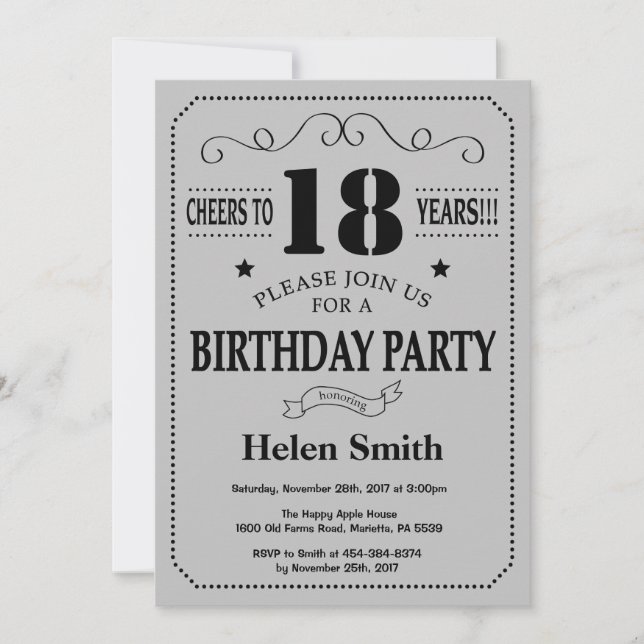 18th Birthday Invitation Black and Silver Grey (Front)