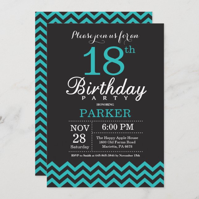 18th Birthday Invitation Black and Teal (Front/Back)