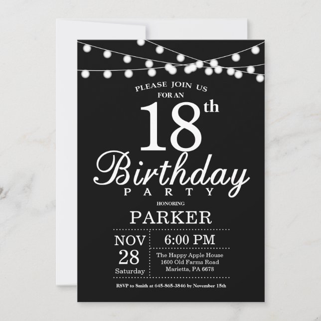 18th Birthday Invitation Black and White (Front)