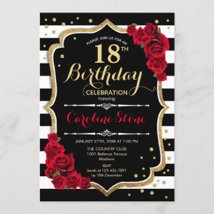 18th Birthday Invitation Black White Stripes Roses