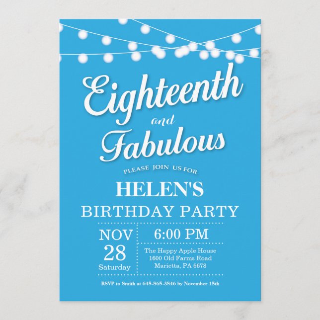18th Birthday Invitation Blue Fabulous (Front)
